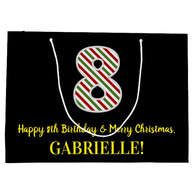 Happy 8th Birthday & Merry Christmas, Custom Name Large Gift Bag (Back)