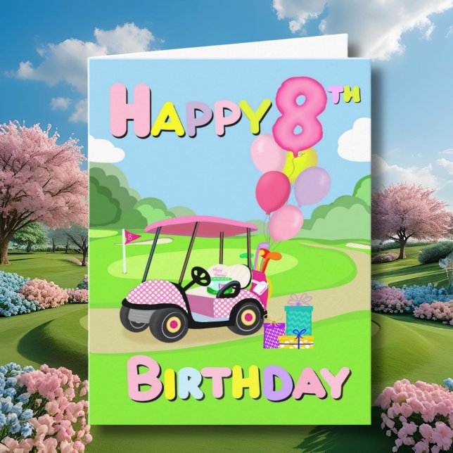 Happy 8th Birthday Polka Dot Pink Girly Golf Card (Creator Uploaded)