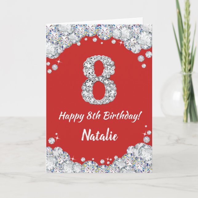 Happy 8th Birthday Red and Silver Glitter Card (Front)
