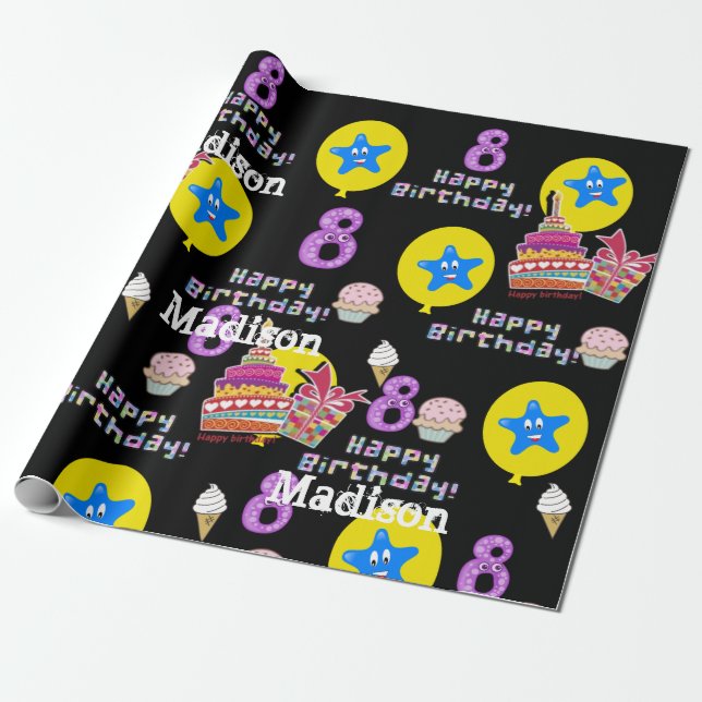 Happy 8th Birthday Wrapping Paper Balloons #8 (Unrolled)