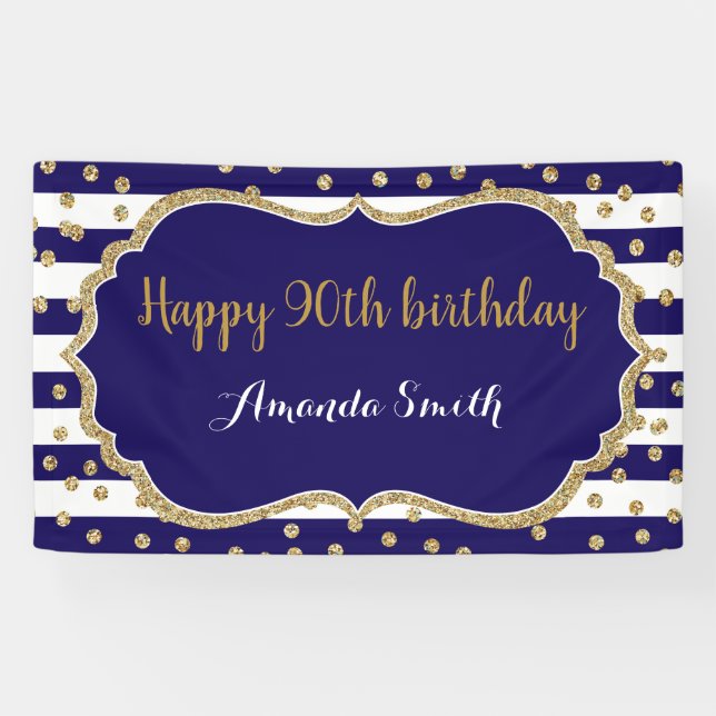 Happy 90th Birthday Banner. Navy Blue Gold Glitter Banner (Horizontal)