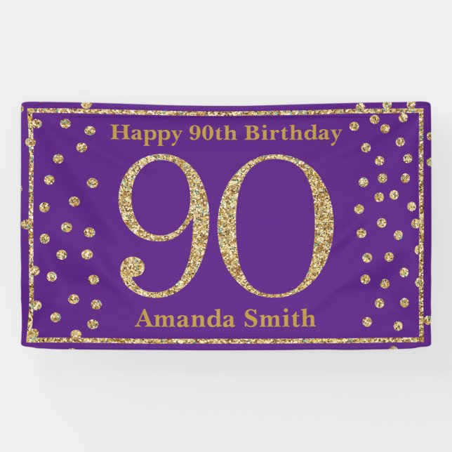 Happy 90th Birthday Banner Purple and Gold Glitter (Horizontal)