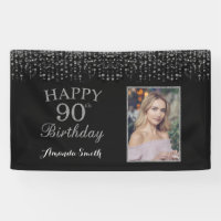 Happy 90th Birthday Banner. Silver Glitter Photo