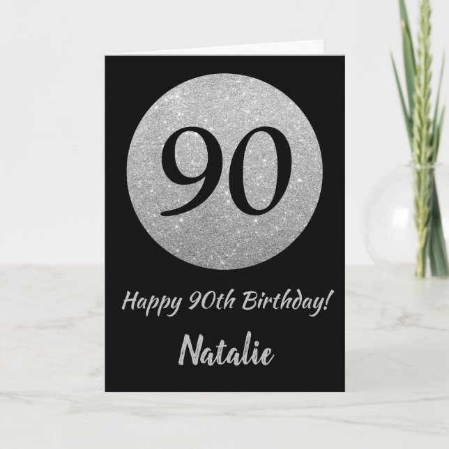 Happy 90th Birthday Black and Silver Glitter Card (Front)