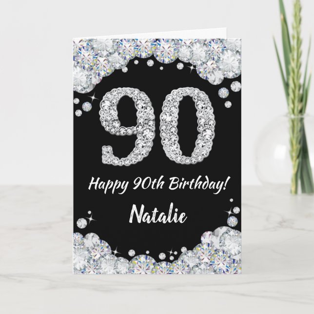 Happy 90th Birthday Black and Silver Glitter Card (Front)