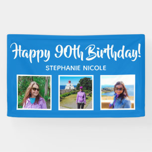 Happy 90th Birthday Blue Personalised 3 Photos Banner