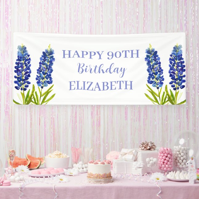 Happy 90th Birthday Bluebonnets Blue Flowers Banner (Party)
