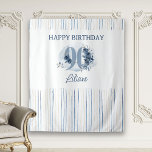 Happy 90th Birthday Coastal Blue Floral Number 90 Tapestry<br><div class="desc">90th birthday party backdrop with number 90 decorated with rose buds, flower blooms and foliage in shades of coastal blue and sand. Subtle feminine and elegant design with watercolor floral arrangements, paint splatters and brush strokes. Perfect for 90th birthday celebration with coastal vibe, beach house or lakeside or water front...</div>