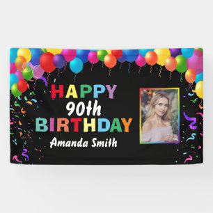 Happy 90th Birthday Colorful Balloons Confetti Banner