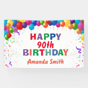 Happy 90th Birthday Colorful Balloons White Banner