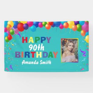 Happy 90th Birthday Colourful Balloons Teal Banner
