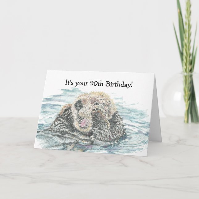 Happy 90th  Birthday Cute Excited Otter Humourous Card (Front)