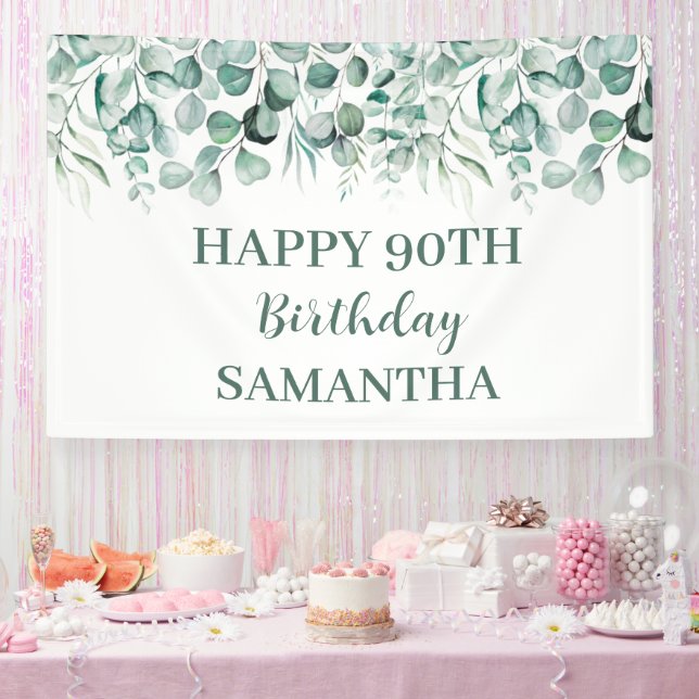 Happy 90th Birthday Eucalyptus Botanical Rustic Banner (Party)