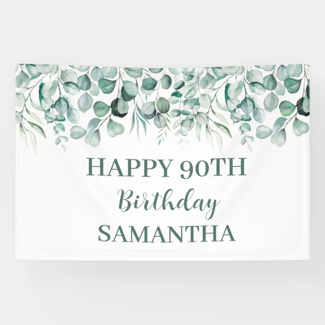 Happy 90th Birthday Eucalyptus Botanical Rustic Banner (Horizontal)
