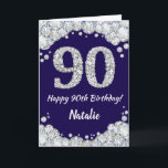 Happy 90th Birthday Navy Blue and Silver Glitter Card<br><div class="desc">Happy 90th Birthday Navy Blue and Silver Glitter Card with personalised name. For further customisation,  please click the "Customise it" button and use our design tool to modify this template.</div>