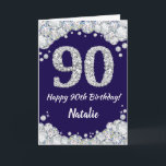Happy 90th Birthday Navy Blue and Silver Glitter Card<br><div class="desc">Happy 90th Birthday Navy Blue and Silver Glitter Card with personalised name. For further customisation,  please click the "Customise it" button and use our design tool to modify this template.</div>