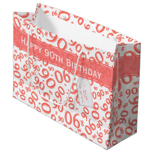 Happy 90th Birthday Number Pattern Coral/White Large Gift Bag