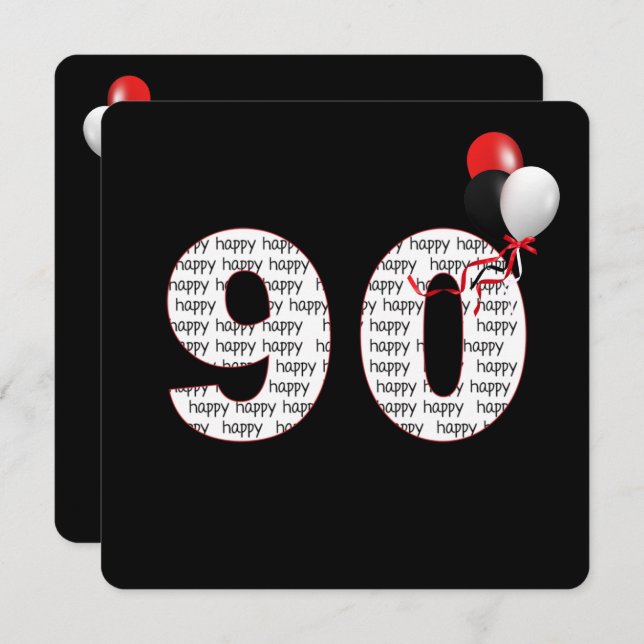 Happy 90th Birthday On Black Invitation (Front/Back)