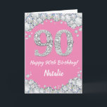 Happy 90th Birthday Pink and Silver Glitter Card<br><div class="desc">Happy 90th Birthday Pink and Silver Glitter Card with personalised name. For further customisation,  please click the "Customise it" button and use our design tool to modify this template.</div>