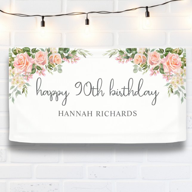 Happy 90th Birthday Pink Peach Floral Banner (Creator Uploaded)