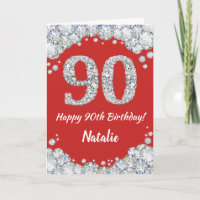 Happy 90th Birthday Red and Silver Glitter Card