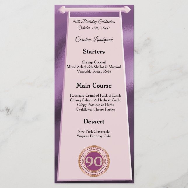 Happy 90th Birthday Rose Gold Glitter Foil Menu (Front)