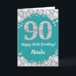 Happy 90th Birthday Teal and Silver Glitter Card<br><div class="desc">Happy 90th Birthday Teal Turquoise Aqua and Silver Glitter Card with personalised name. For further customisation,  please click the "Customise it" button and use our design tool to modify this template.</div>