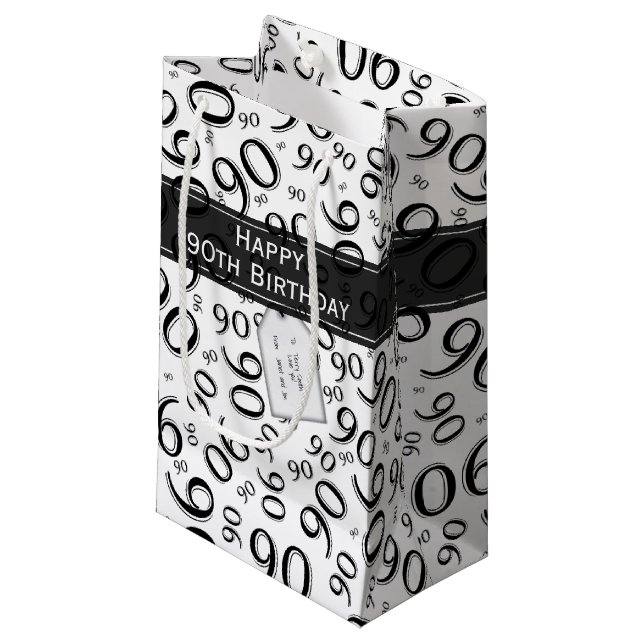 Happy 90th Random Number Pattern Black/White Small Gift Bag (Front Angled)