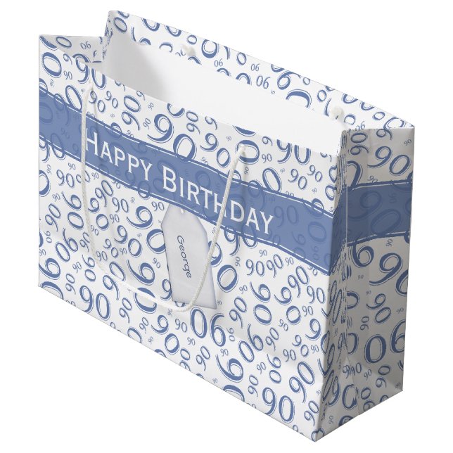 Happy 90th Random Number Pattern Blue/White Large Gift Bag (Front Angled)