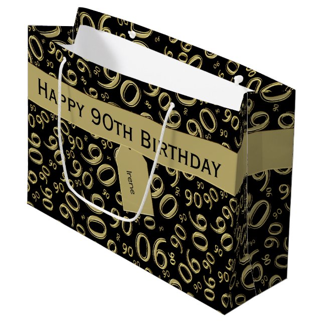 Happy 90th Random Number Pattern Gold/Black Large Gift Bag (Front Angled)