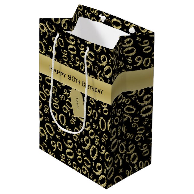Happy 90th Random Number Pattern Gold/Black Medium Gift Bag (Front Angled)