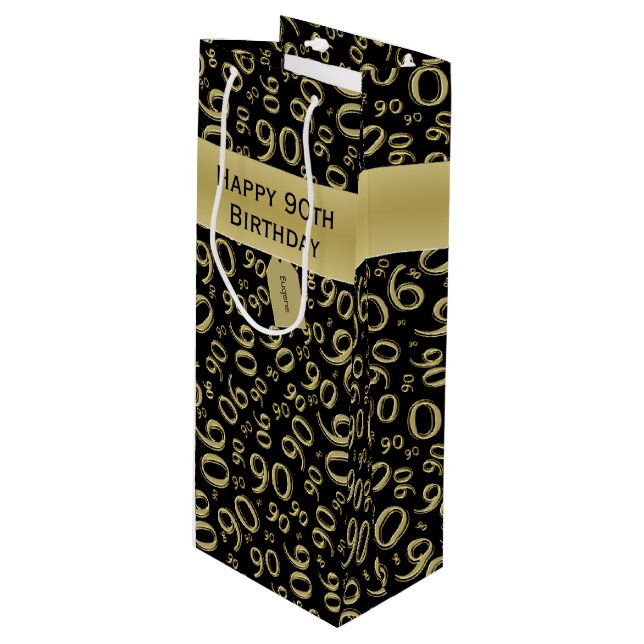 Happy 90th Random Number Pattern Gold/Black Wine Gift Bag (Front Angled)