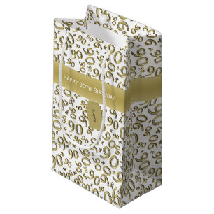 Happy 90th Random Number Pattern Gold/White Small Gift Bag
