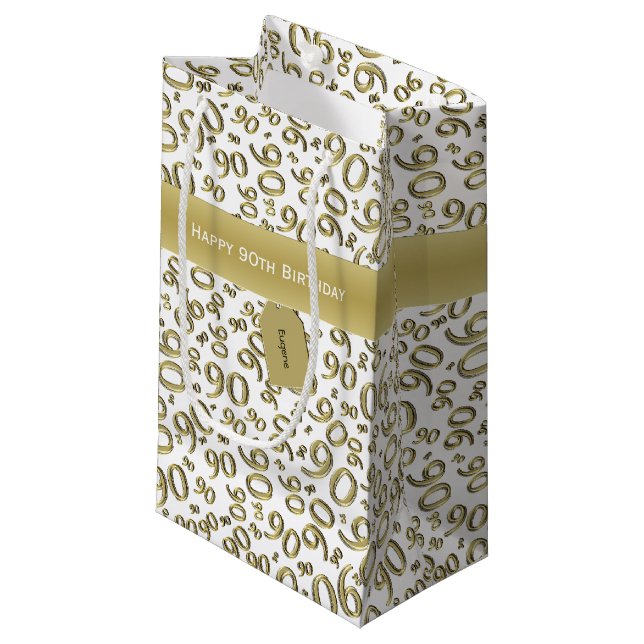 Happy 90th Random Number Pattern Gold/White Small Gift Bag (Front Angled)