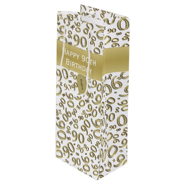 Happy 90th Random Number Pattern Gold/White Wine Gift Bag (Front Angled)