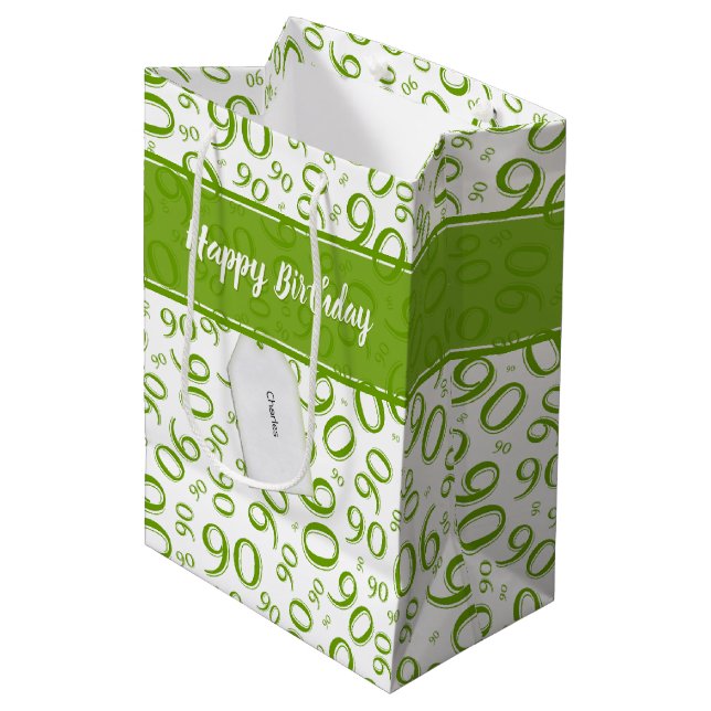 Happy 90th Random Number Pattern Green/White Medium Gift Bag (Front Angled)
