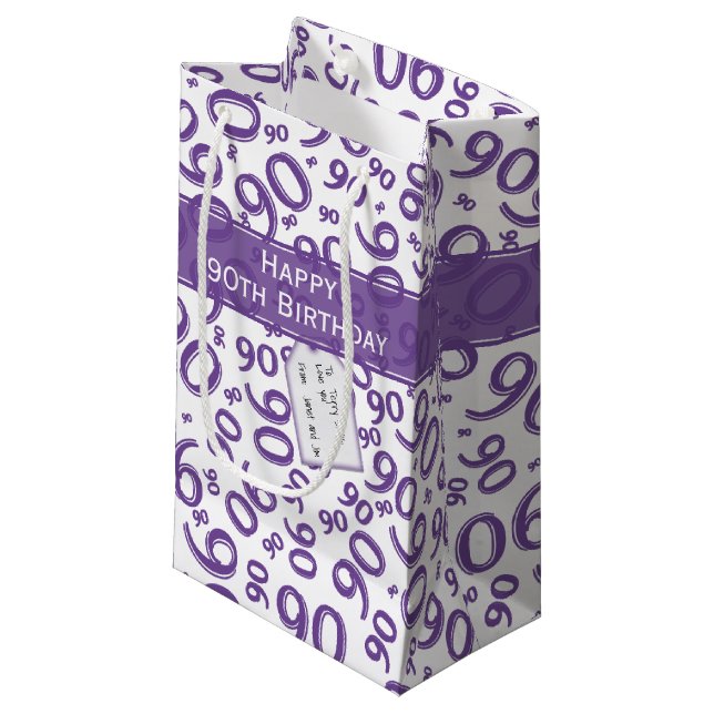 Happy 90th Random Number Pattern Purple/White Small Gift Bag (Front Angled)