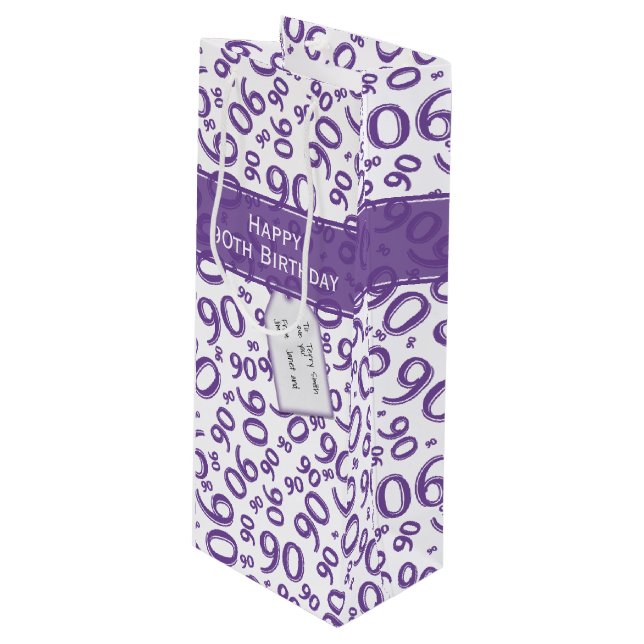 Happy 90th Random Number Pattern Purple/White Wine Gift Bag (Front Angled)