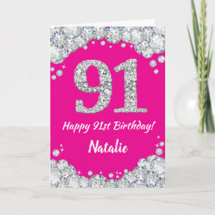 Happy 91st Birthday Hot Pink and Silver Glitter Card