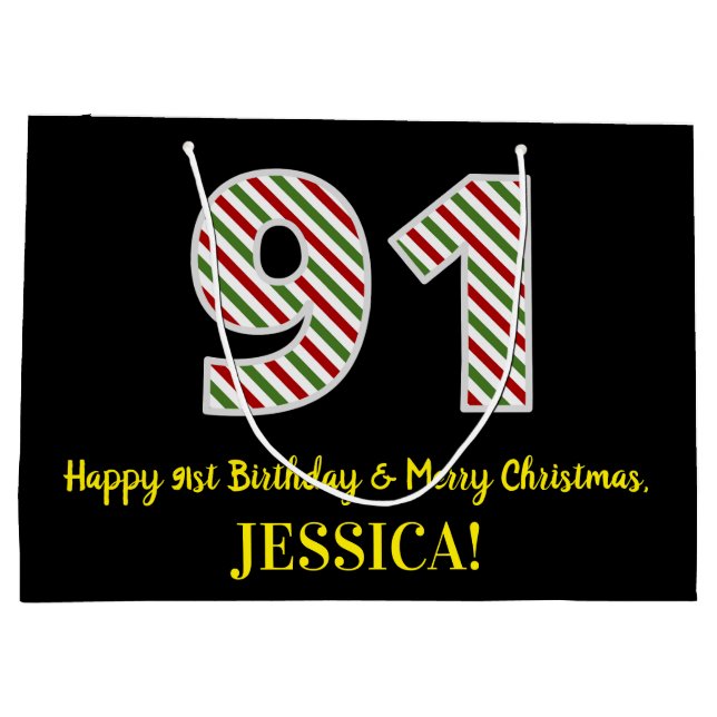 Happy 91st Birthday & Merry Christmas, Custom Name Large Gift Bag (Back)