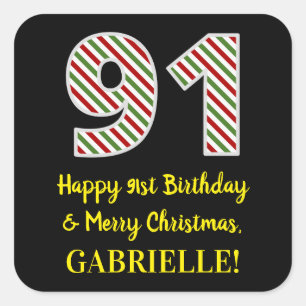 Happy 91st Birthday & Merry Christmas, Custom Name Square Sticker