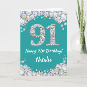 Happy 91st Birthday Teal and Silver Glitter Card