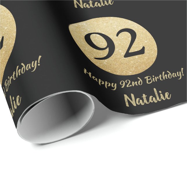 Happy 92nd Birthday Black and Gold Glitter Wrapping Paper (Roll Corner)