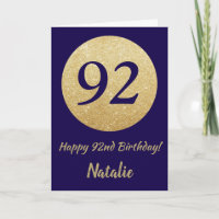 Happy 92nd Birthday Navy Blue and Gold Glitter