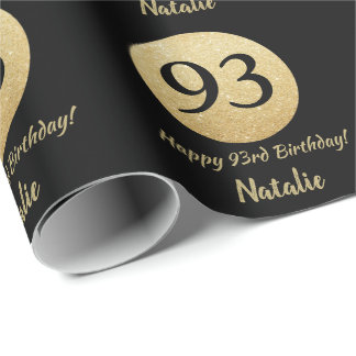 Happy 93rd Birthday Black and Gold Glitter Wrapping Paper