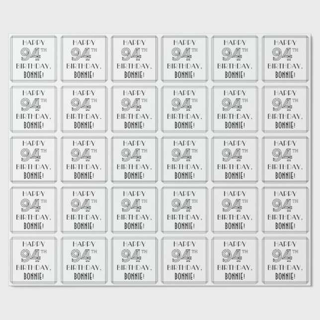HAPPY 94TH BIRTHDAY; Art Deco Style; Custom Name Wrapping Paper (Flat)