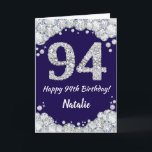 Happy 94th Birthday Navy Blue and Silver Glitter Card<br><div class="desc">Happy 94th Birthday Navy Blue and Silver Glitter Card with personalised name. For further customisation,  please click the "Customise it" button and use our design tool to modify this template.</div>