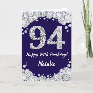 Happy 94th Birthday Navy Blue and Silver Glitter Card