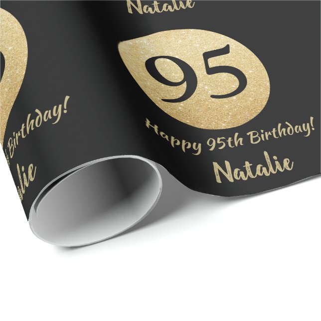 Happy 95th Birthday Black and Gold Glitter Wrapping Paper (Roll Corner)