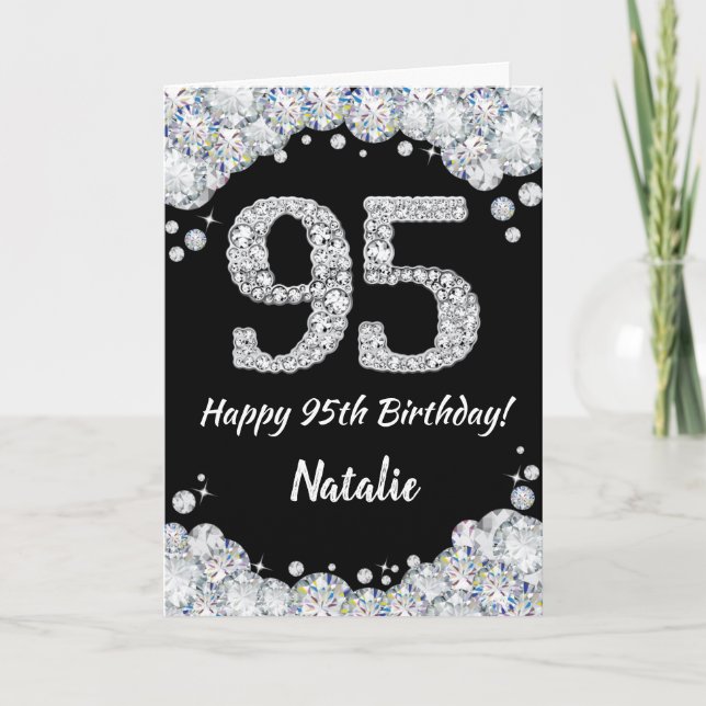 Happy 95th Birthday Black and Silver Glitter Card (Front)